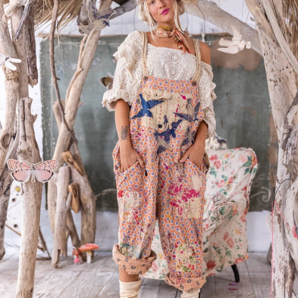 Magnolia Pearl Bird overalls cotton with appliqué and quilting detail. OSFM